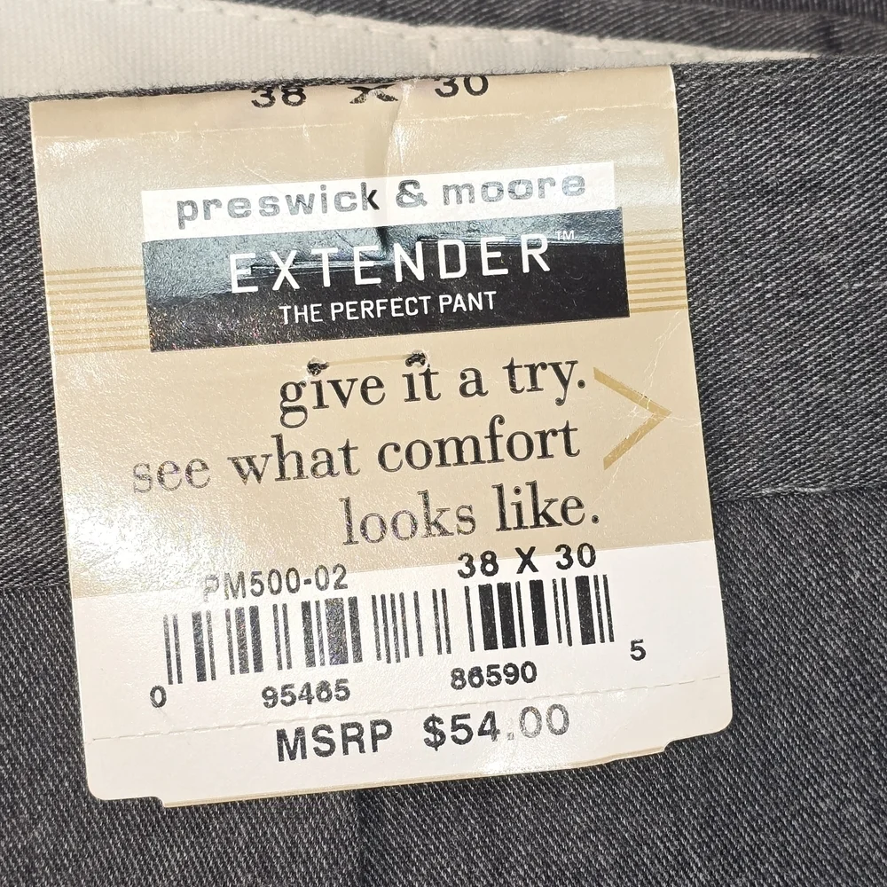 PRESSWICK & MOORE EXTENDER MENS CASUAL DRESS PANT CHARCOL GRAY NWT 38X30